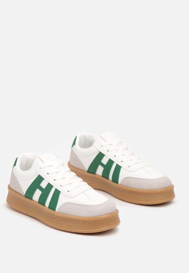 Renee - Biało-Zielone Sneakersy na Platformie z Kontrastowymi Wstawkami Mialeria. Nosek buta: okrągły. Zapięcie: sznurówki. Kolor: biały. Materiał: syntetyk, nubuk. Obcas: na platformie. Wysokość obcasa: niski