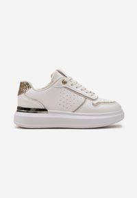 Renee - Beżowo-Białe Sneakersy na Platformie Ozdobione Brokatem i Metaliczną Wstawką Mexia. Kolor: beżowy. Wzór: aplikacja. Obcas: na platformie #6