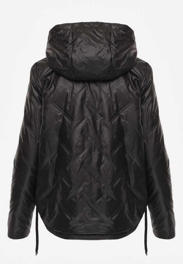 Renee - Czarna Kurtka z Pikowanymi Przeszyciami i Kapturem Ściągana po Bokach Nusillian. Okazja: na co dzień. Kolor: czarny. Materiał: jeans. Styl: elegancki, klasyczny, casual