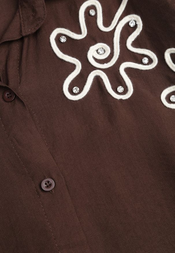 Renee - Brązowa Wiskozowa Koszula Nietoperz z Regulowanymi Rękawami i Haftem Drenesh. Kolor: brązowy. Materiał: wiskoza. Wzór: haft. Styl: boho