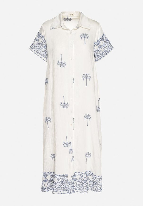 Born2be - Biała Pudełkowa Sukienka z Wiskozą o Koszulowym Kroju Zdobiona Haftem Sanori. Okazja: na co dzień. Kolor: biały. Materiał: wiskoza. Długość rękawa: krótki rękaw. Wzór: haft, aplikacja. Typ sukienki: koszulowe. Styl: casual, klasyczny