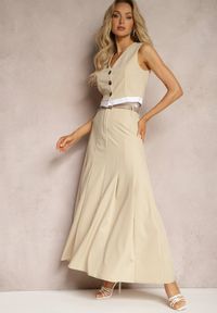 Renee - Beżowa Spódnica Długa Rozkloszowana High Waist Leoraia. Okazja: na co dzień, na spotkanie biznesowe. Stan: podwyższony. Kolor: beżowy. Długość: długie. Styl: biznesowy, elegancki, casual #4
