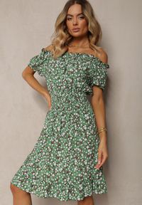 Renee - Zielona Bawełniana Sukienka Midi Hiszpanka z Gumką w Pasie Dnise. Typ kołnierza: dekolt hiszpanka. Kolor: zielony. Materiał: bawełna. Długość: midi #5