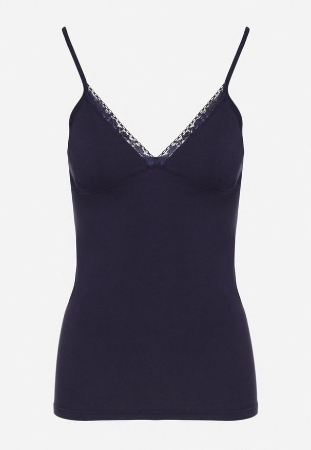 Born2be - Granatowy Bawełniany Top z Trójkątnym Dekoltem Arilwin. Okazja: na co dzień, na spacer. Kolor: niebieski. Materiał: bawełna. Długość rękawa: na ramiączkach. Styl: casual, elegancki