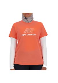 Koszulka New Balance WT41816GFR - pomarańczowa. Kolor: pomarańczowy. Materiał: bawełna. Długość rękawa: krótki rękaw. Długość: krótkie. Wzór: napisy
