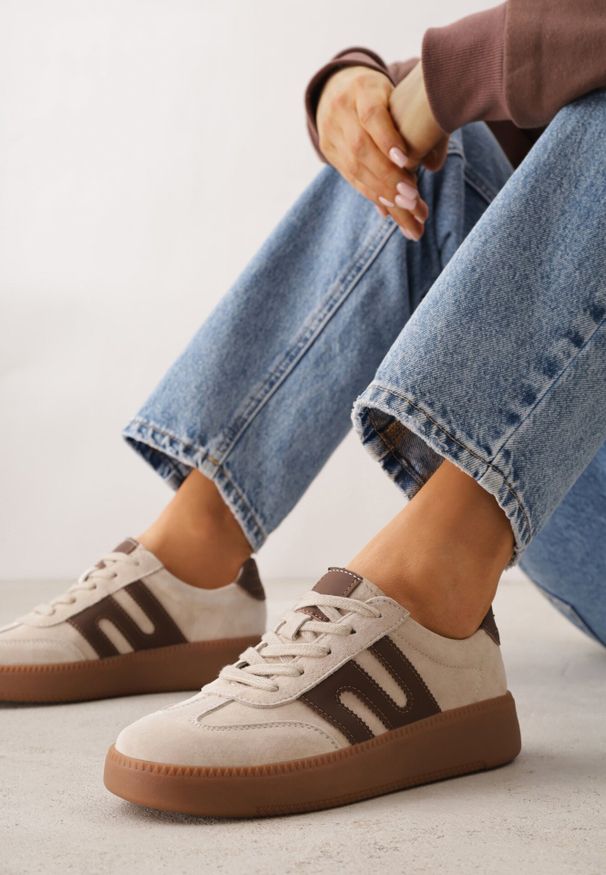 Born2be - Beżowe Skórzane Sneakersy na Kauczukowej Podeszwie z Geometrycznym Motywem Shytyse. Kolor: beżowy. Materiał: kauczuk, skóra. Wzór: geometria