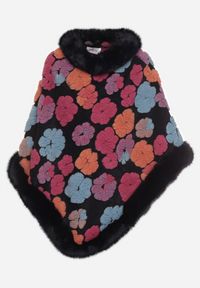 Born2be - Granatowe Wiskozowe Ponczo Ozdobione Futerkiem w Kształcie Kwiatów Leanthra. Okazja: na co dzień. Kolor: niebieski. Materiał: futro, wiskoza. Wzór: aplikacja, kwiaty. Styl: wizytowy, casual #4