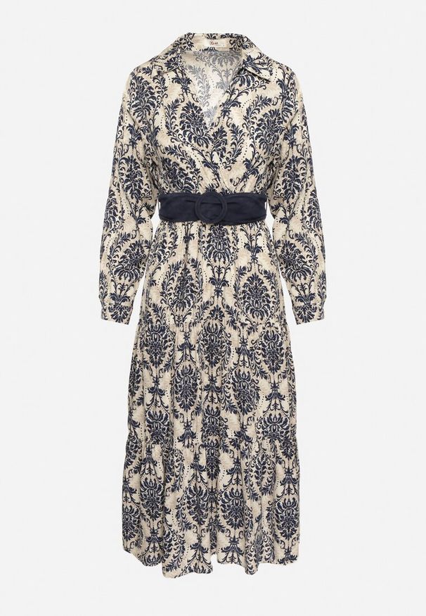 Born2be - Granatowo-Beżowa Wiskozowa Kopertowa Sukienka w Stylu Boho z Materiałowym Paskiem z Klamrą Rinovia. Okazja: na co dzień. Kolor: niebieski. Materiał: materiał, wiskoza. Wzór: aplikacja. Typ sukienki: kopertowe. Styl: boho