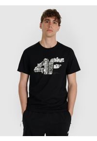 4f - 4F T-shirt regular z nadrukiem męski - czarny M. Kolor: czarny. Materiał: włókno, skóra, materiał, bawełna. Wzór: nadruk. Styl: klasyczny