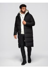 Ombre Clothing - Męska klasyczna długa kurtka z kapturem – czarna V1 - Rozmiar: L. Okazja: na co dzień, na spacer. Typ kołnierza: kaptur. Kolor: czarny. Materiał: poliester, syntetyk, materiał, tkanina. Długość: długie. Wzór: aplikacja. Sezon: zima. Styl: klasyczny #1