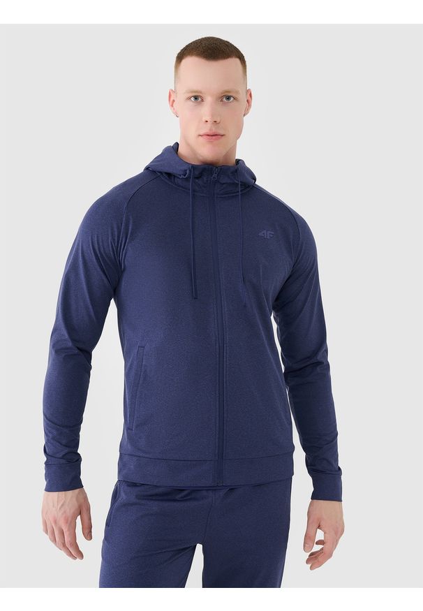 4f - 4F Bluza treningowa szybkoschnąca męska - grananatowa 3XL. Okazja: na co dzień. Typ kołnierza: kaptur. Kolor: niebieski. Materiał: elastan, materiał, włókno, dzianina, syntetyk. Długość rękawa: raglanowy rękaw. Wzór: ze splotem, gładki, jednolity. Styl: casual, sportowy. Sport: fitness