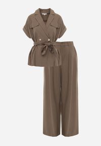 Renee - Zielony Wiskozowy Komplet z Lnem Spodnie Wide Leg i Bluzka o Kroju Marynarki Daprise. Kolor: zielony. Materiał: wiskoza, len #5