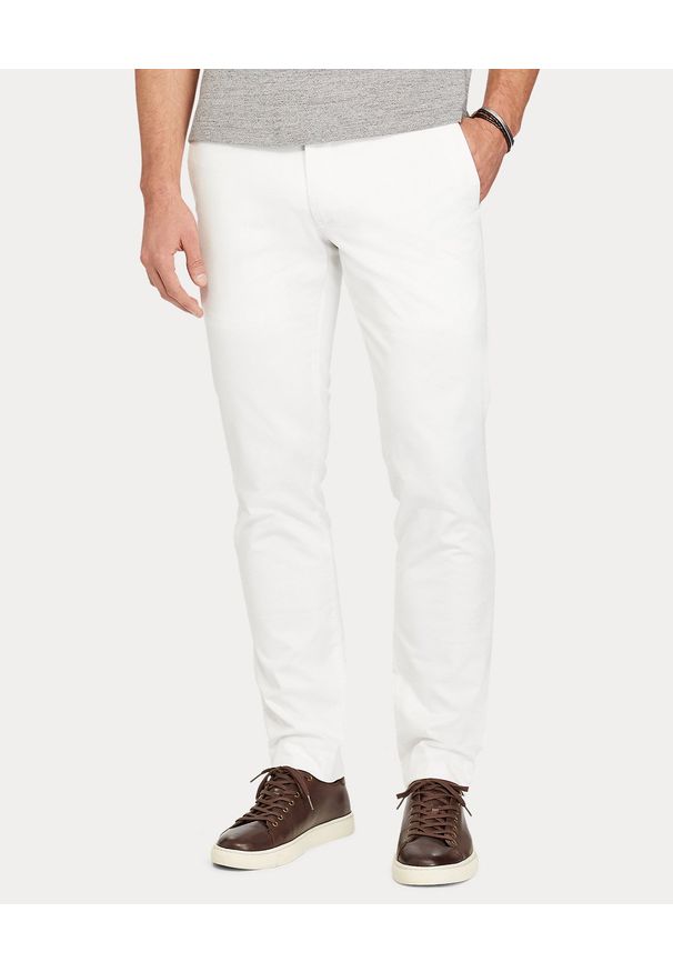 Ralph Lauren - RALPH LAUREN - Białe spodnie Chino. Kolor: biały. Materiał: len, materiał. Wzór: napisy, paski, aplikacja. Styl: klasyczny