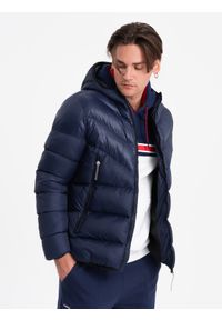 Ombre Clothing - Nowoczesna pikowana męska kurtka z łączonych materiałów – granatowa V2 - Rozmiar: XXL. Typ kołnierza: kołnierzyk stójkowy. Kolor: niebieski. Materiał: materiał. Długość: długie