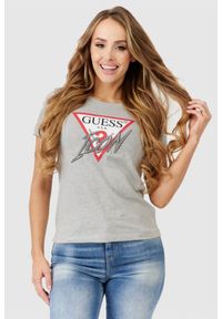 Guess - GUESS Szary t-shirt damski icon. Kolor: szary. Materiał: bawełna. Wzór: nadruk