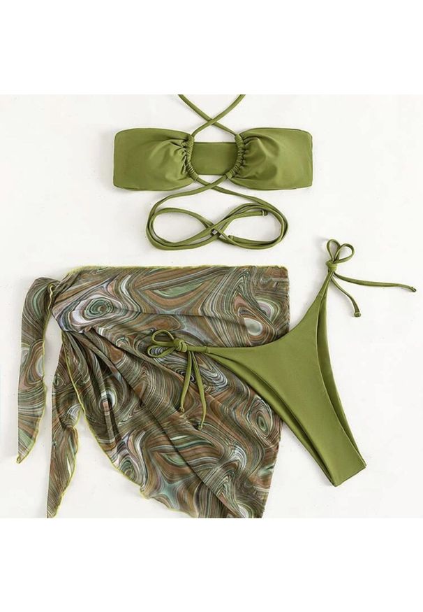 Intica - Strój kąpielowy dwuczęściowy z pareo na plażę Miraldine. Kolor: zielony. Materiał: materiał