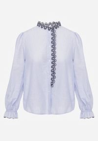 Renee - Niebieska Bawełniana Koszula z Falbanką i Haftem Ostorea. Okazja: na co dzień. Kolor: niebieski. Materiał: bawełna. Wzór: haft. Styl: elegancki, casual #3