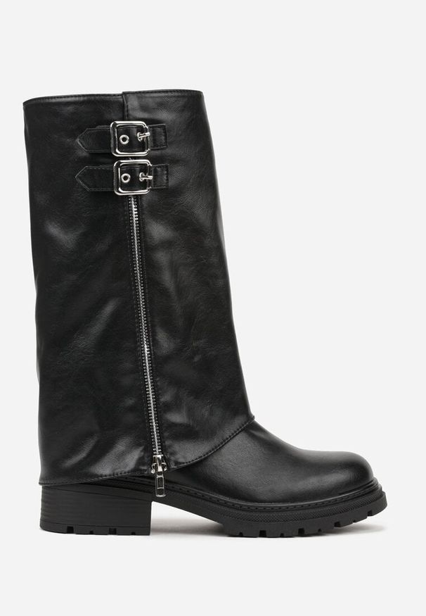 Born2be - Czarne Botki z Cholewką Imitującą Nogawkę z Suwakiem i Klamrami Devea. Zapięcie: klamry. Kolor: czarny. Materiał: jeans. Szerokość cholewki: normalna. Wzór: aplikacja