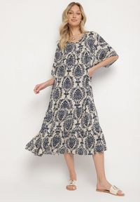 Born2be - Niebieska Sukienka z Bawełną w Abstrakcyjny Wzór Filindela. Okazja: na spacer, na co dzień. Kolor: niebieski. Materiał: bawełna. Wzór: aplikacja. Styl: elegancki, casual, klasyczny #1