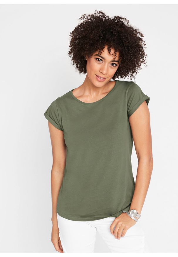 bonprix - Shirt bawełniany, krótki rękaw. Kolor: zielony. Materiał: bawełna. Długość rękawa: krótki rękaw. Długość: krótkie