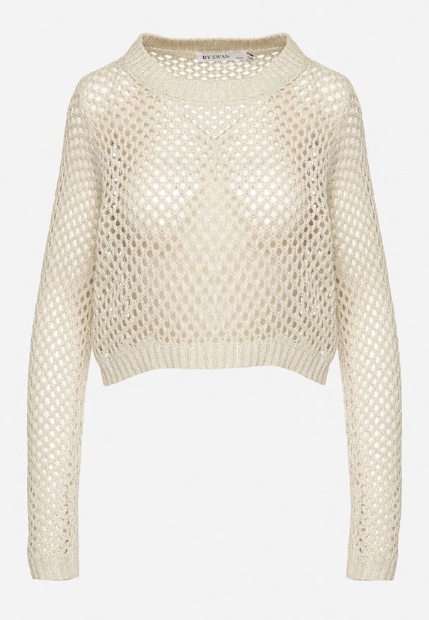 Born2be - Beżowy Sweter Ażurowy o Krótkim Kroju z Metaliczną Nitką Pilliselia. Okazja: na co dzień, na spacer. Kolor: beżowy. Materiał: jeans. Długość rękawa: długi rękaw. Długość: krótkie. Wzór: ażurowy. Sezon: wiosna. Styl: casual