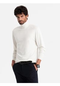 Ombre Clothing - Jednokolorowy dzianinowy męski golf z wiskozą – biały V3. Typ kołnierza: golf. Kolor: biały. Materiał: wiskoza, dzianina