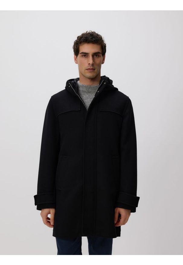 Reserved - Płaszcz z wełną - czarny. Kolor: czarny. Materiał: wełna