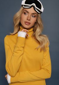 Renee - Żółty Klasyczny Golf ze Ściągaczami przy Rękawach Felinia. Typ kołnierza: golf. Kolor: żółty. Materiał: jeans. Długość rękawa: długi rękaw. Długość: długie. Wzór: aplikacja, bez wzorów. Styl: klasyczny #4
