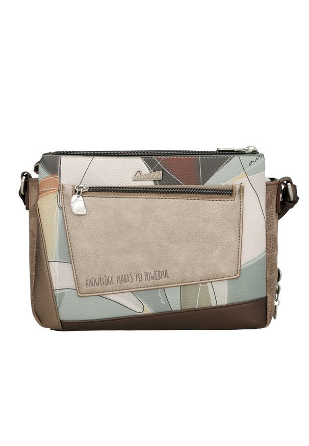 Torebka damska Anekke, na ramię z dekoracyjnym nadrukiem i metalowym logo zapinana na zamek z regulowanym paskiem oraz ozdobnym brelokiem, brązowa, 4. Kolor: brązowy. Wzór: nadruk. Dodatki: z breloczkiem. Styl: elegancki, casual. Rodzaj torebki: na ramię