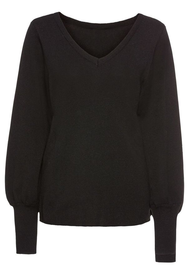 Sweter z balonowymi rękawami bonprix czarny. Kolor: czarny. Materiał: materiał, dzianina, wiskoza, poliamid. Wzór: ze splotem, gładki. Sezon: wiosna