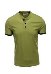 Ombre Clothing - T-shirt męski polo bez kołnierzyka - oliwkowy V6 S1381 - XL. Typ kołnierza: polo, bez kołnierzyka. Kolor: oliwkowy. Materiał: materiał, bawełna #4