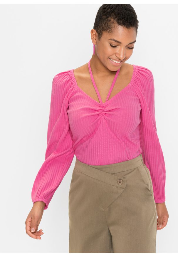 bonprix - Shirt z ozdobnymi paskami. Kolor: różowy. Wzór: prążki