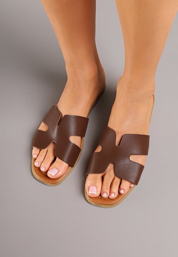 Renee - Ciemnobrązowe Klapki na Płaskiej Podeszwie w Klasycznym Stylu z Wycięciami Filinda. Okazja: na co dzień. Kolor: brązowy. Sezon: lato. Obcas: na płaskiej podeszwie. Styl: klasyczny