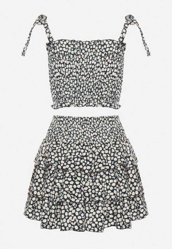 Born2be - Czarny Komplet z Bawełną Top na Wiązanych Ramiączkach Spódnica z Falbanami Sariviane. Kolor: czarny. Materiał: bawełna. Wzór: kwiaty