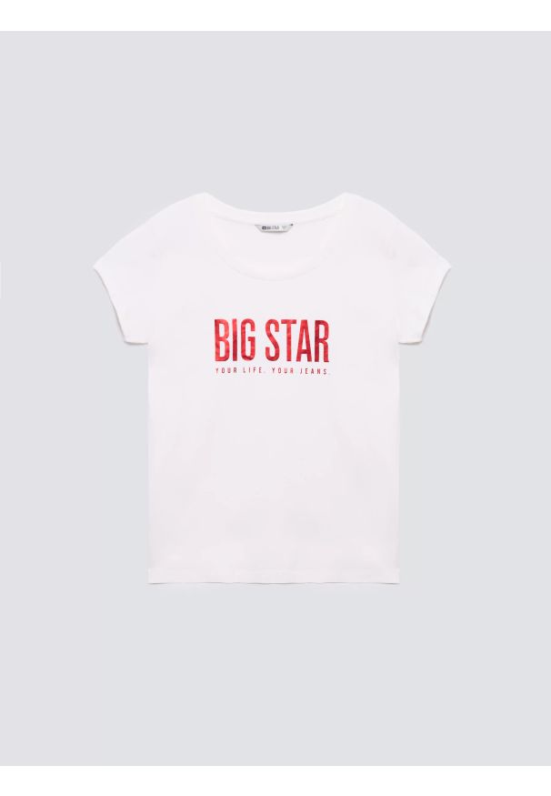 Big-Star - Koszulka damska z logo BIG STAR biała Betta 100. Okazja: na co dzień. Kolor: biały. Materiał: jeans, dzianina. Wzór: aplikacja, nadruk. Styl: klasyczny, casual, elegancki