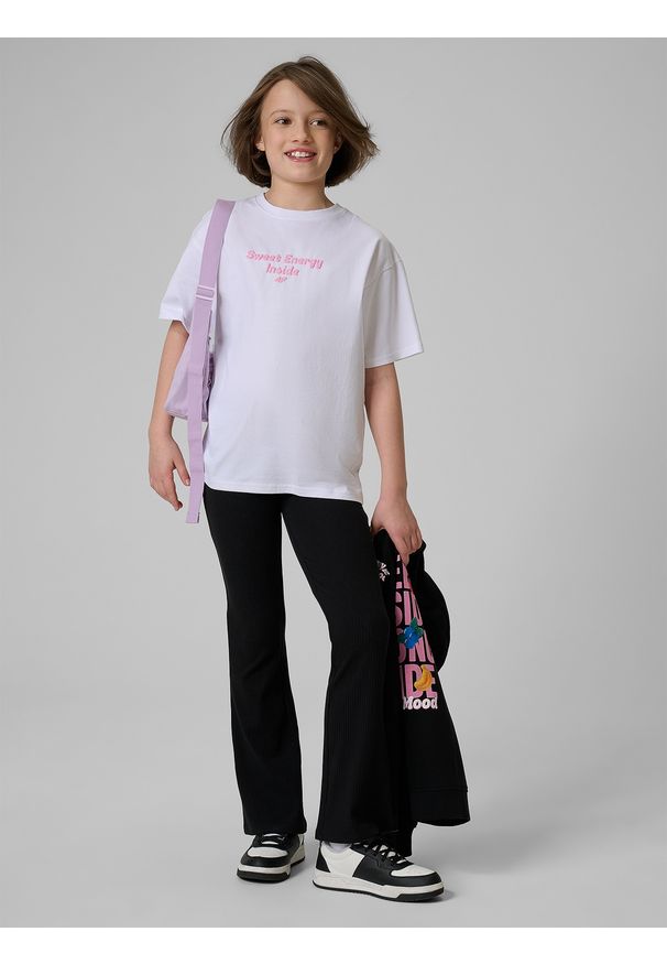 4f - 4F Legginsy dzianinowe z rozszerzanymi nogawkami dziewczęce - czarne 164 (13-14 lat). Stan: podwyższony. Kolor: czarny. Materiał: dzianina. Sezon: lato