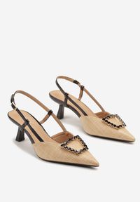 Renee - Czarne Sandały Slingback na Kaczuszce z Tweedowymi Wstawkami i Cyrkoniami Nalivna. Okazja: na spotkanie biznesowe, na co dzień. Kolor: czarny. Obcas: na szpilce. Styl: casual, elegancki, biznesowy. Wysokość obcasa: niski #4