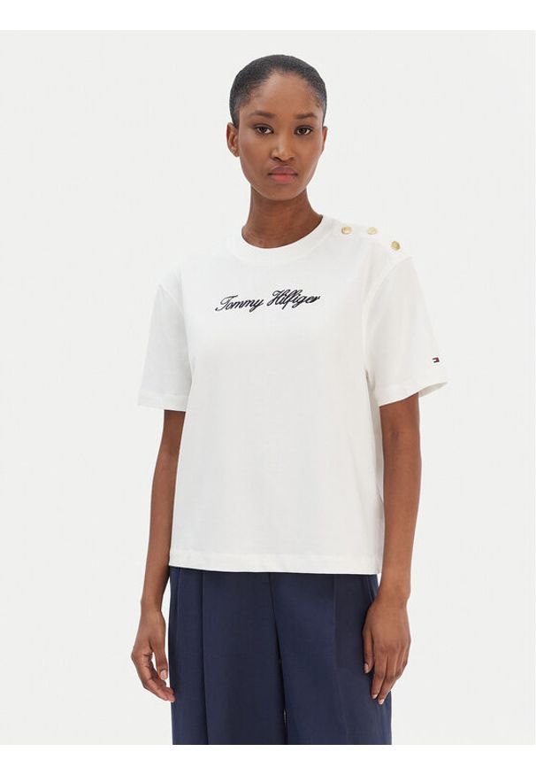 TOMMY HILFIGER - Tommy Hilfiger T-Shirt Script WW0WW47819 Écru Regular Fit. Materiał: bawełna