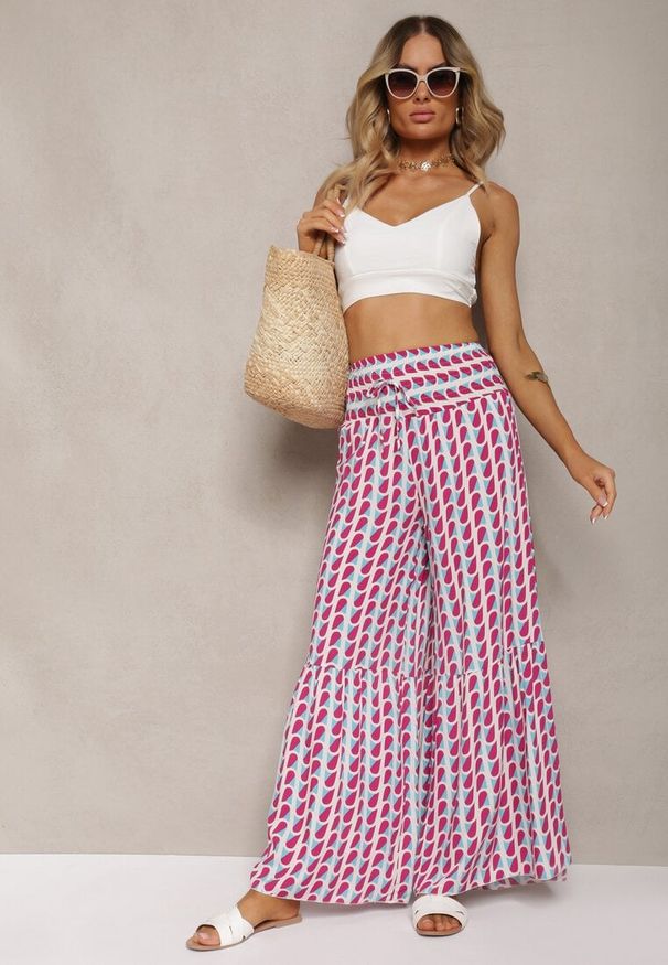 Renee - Fuksjowo-Białe Spodnie z Wiskozy High Waist Typu Palazzo z Gumką w Talii Tiimacella. Stan: podwyższony. Kolor: różowy. Materiał: wiskoza. Sezon: lato