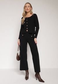 Born2be - Czarny Dzianinowy Komplet z Wiskozą w Eleganckim Stylu Kardigan i Spodnie Delisana. Kolor: czarny. Materiał: dzianina, wiskoza
