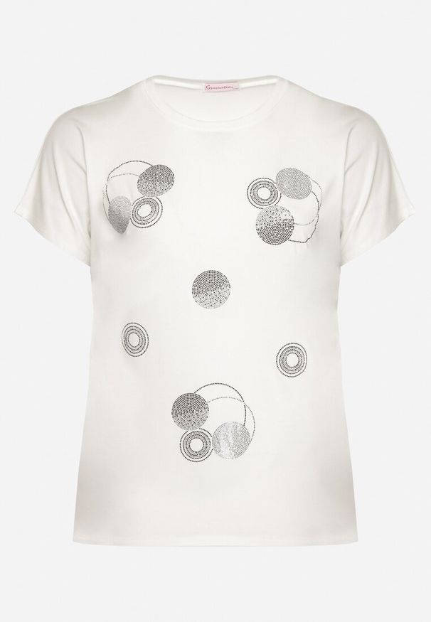 Born2be - Biały T-shirt z Bawełny Wykończony Cyrkoniami Krissianne. Okazja: do pracy, na co dzień. Kolor: biały. Materiał: bawełna. Wzór: aplikacja, geometria. Styl: elegancki, casual