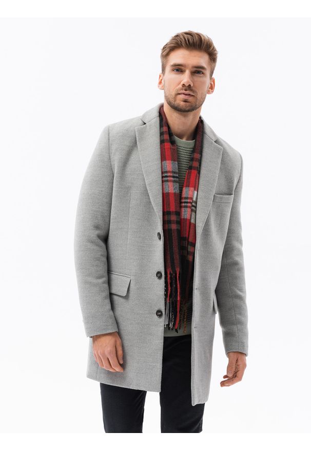 Ombre Clothing - Płaszcz męski klasyczny jednorzędowy - jasnoszary V4 C432 - XXL. Kolor: szary. Materiał: poliester. Sezon: wiosna. Styl: klasyczny