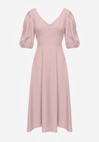 Born2be - Różowa Elegancka Sukienka z Bufiastymi Rękawami i Wiązaniem na Plecach Zeepy. Kolor: różowy. Wzór: gładki. Styl: elegancki #6