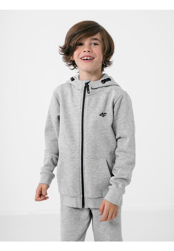 4f - Bluza dresowa rozpinana z kapturem chłopięca. Okazja: na co dzień. Typ kołnierza: kaptur. Kolor: szary. Materiał: dresówka. Styl: casual