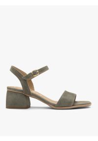 Ryłko - Oliwkowe sandały damskie na obcasie. Zapięcie: sprzączka. Kolor: oliwkowy. Materiał: skóra, welur. Obcas: na obcasie. Styl: street. Wysokość obcasa: średni #1