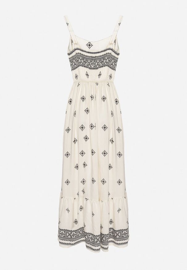 Born2be - Czarna Rozkloszowana Sukienka na Ramiączkach z Wiskozą w Etniczny Wzór Lealena. Okazja: na co dzień. Typ kołnierza: dekolt kwadratowy. Kolor: czarny. Materiał: wiskoza. Długość rękawa: na ramiączkach. Wzór: aplikacja. Typ sukienki: rozkloszowane. Styl: elegancki, casual