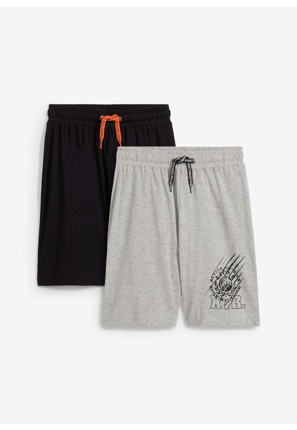 bonprix - Bermudy z dżerseju z bawełny organicznej (2 pary). Kolor: czarny. Materiał: jersey, bawełna. Długość: krótkie. Wzór: nadruk