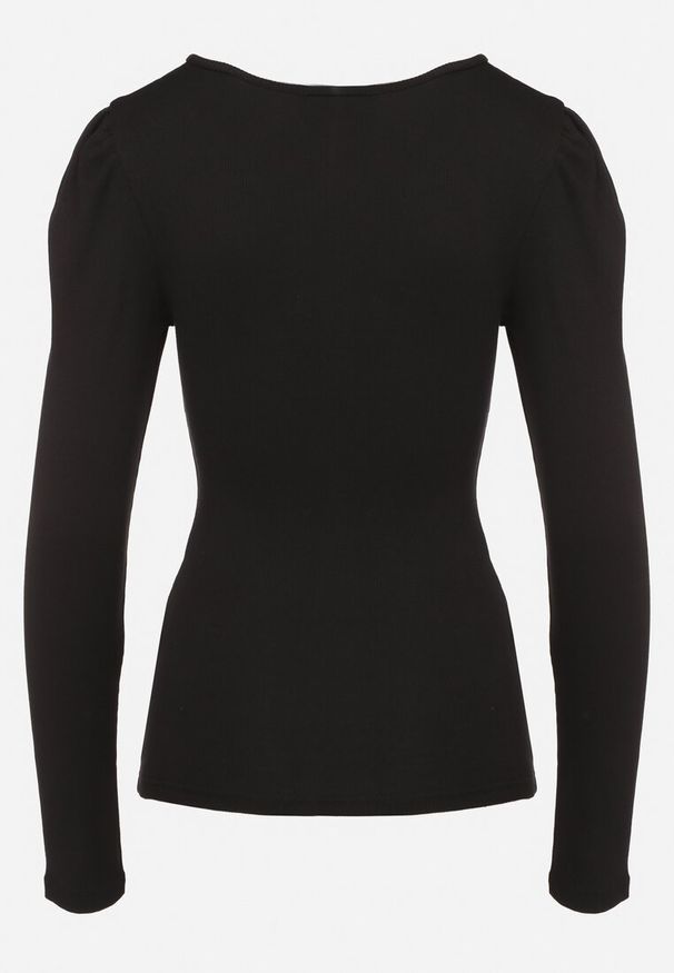 Born2be - Czarna Bawełniana Bluzka z Prążkowanego Materiału z Metaliczną Aplikacją Esaloren. Kolor: czarny. Materiał: prążkowany, bawełna, materiał. Wzór: aplikacja. Styl: klasyczny