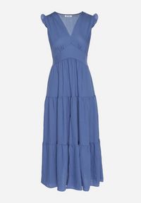 Born2be - Niebieska Wiskozowa Sukienka z Falbankami Sadoline. Okazja: na co dzień. Typ kołnierza: kołnierz z falbankami. Kolor: niebieski. Materiał: wiskoza. Styl: boho, casual