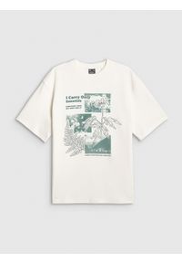 4f - 4F T-shirt loose z nadrukiem damski - biały L. Okazja: na co dzień. Kolor: biały. Materiał: dzianina, jeans, materiał. Wzór: nadruk. Styl: casual, klasyczny #1